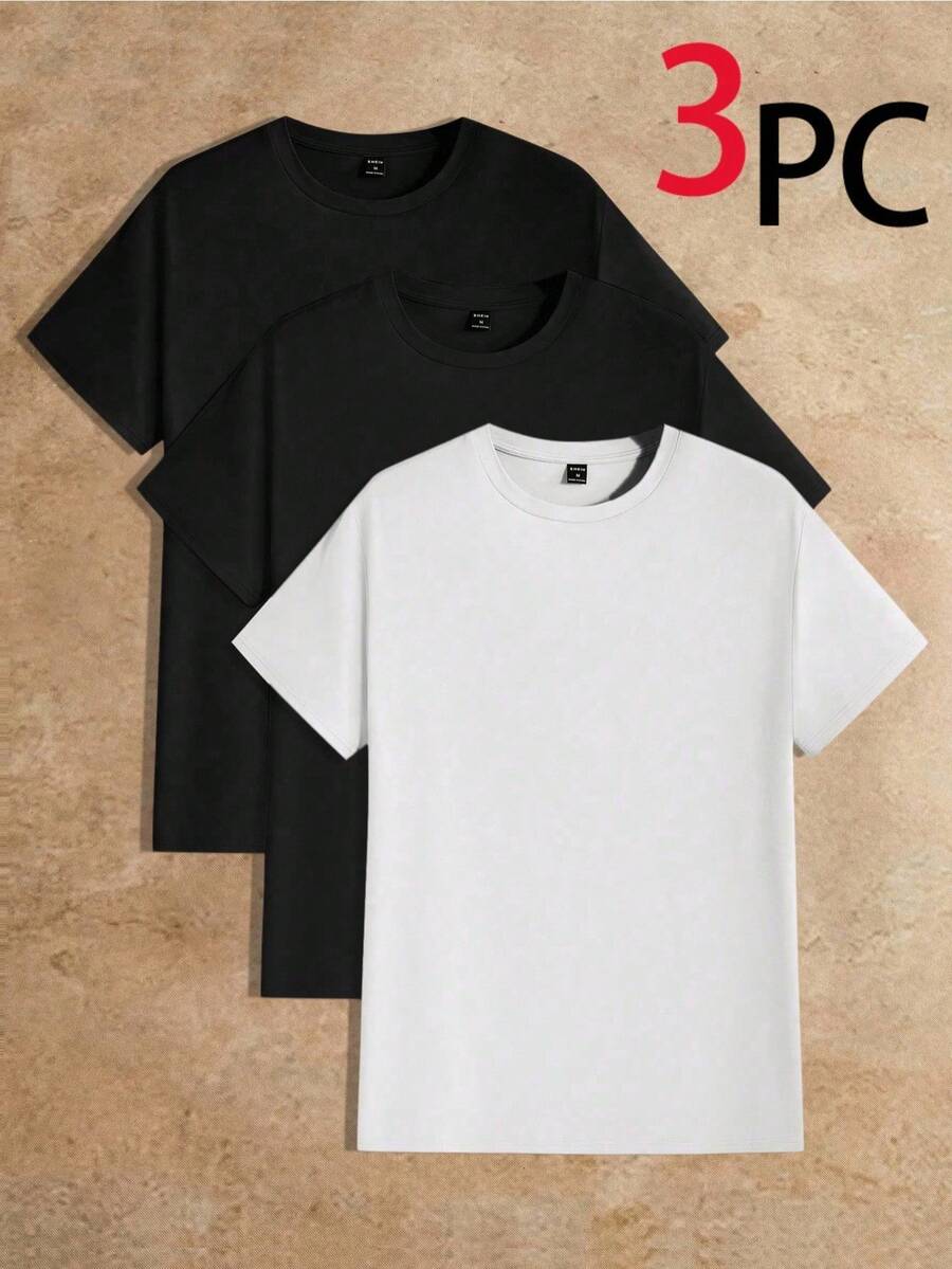 Manfinity VCAY 3-Pack Men's Solid Color Crew Neck Short Sleeve T-Shirts For Summer - Multicolor 11 - View 1