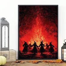1pc Framed Canvas Wall Art, Vintage Red Fire Witch Gathering, Four Witches Holding Hands In Dark Forest, Gothic Dark Academia Eerie Halloween Witch Atmosphere Wall Decor - Campfire Witch - View 9