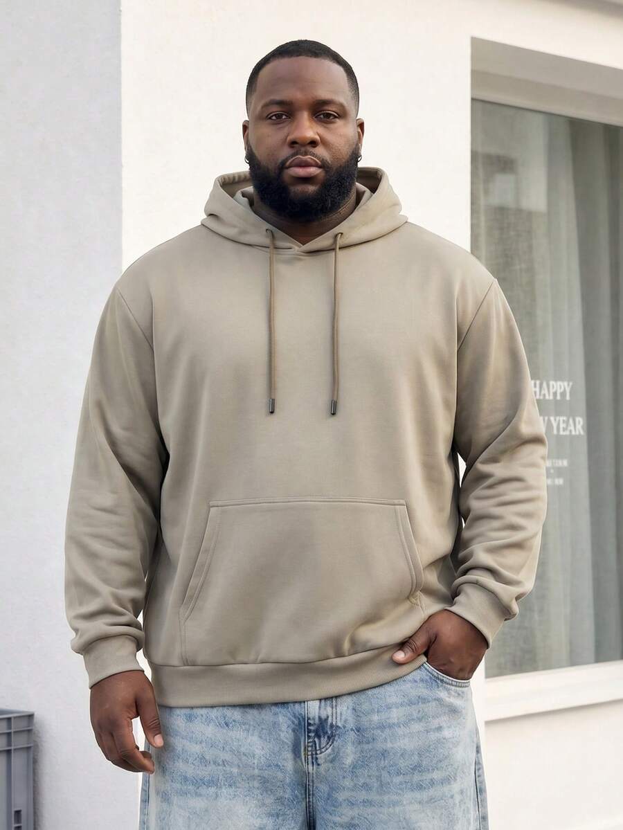 Plus Size Solid Color Hooded Sweatshirt, Loose Fit Kangaroo Pocket Drawstring Pullover, Casual Versatile Top - Khaki - View 1