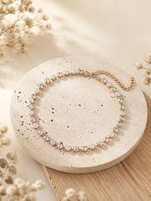 Sparkling Copper Tennis Choker Round Clear Rhinestone & Resin Adjustable Clavicle Necklace Women Elegant Daily Jewelry Gift For Wedding Christmas - Style 1 - View 4
