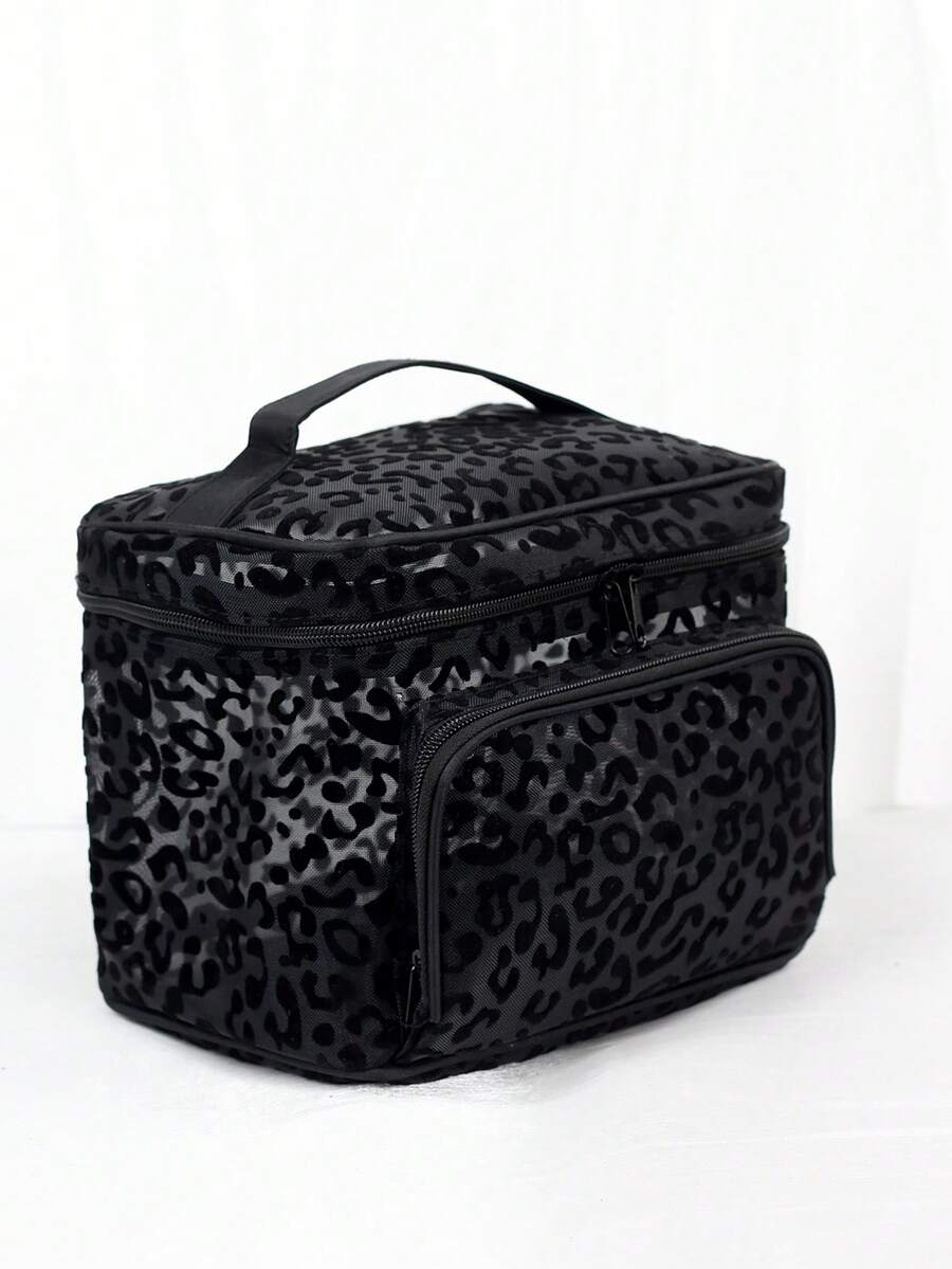 Black Minimalist Fashion Mesh Leopard Print Large Capacity Multi-Function Single Layer Square Cosmetic Bag, Single Handle Multi-Pocket Convenient Design, Foldable Storage Bag, Partitioned Storage - Black - View 1