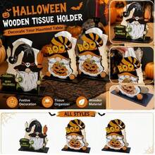 Halloween Wooden Ghost Pumpkin Napkin Holder Dining Table Napkin Storage Rack Holiday Decoration Ornament 2-In-1 Home Kitchen Decor - Multicolor - View 4