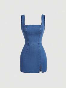 MOD Vestido de mezclilla de Body con cuello cuadrado y abertura, para moda de verano de mujeres - Azul lavado medio - Ver 1