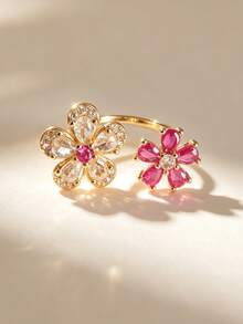 1pc Sweet Luxury Sparkling Cubic Zirconia Red & White Dual Flower Open Ring, Adjustable Finger Ring For Women, Suitable For Daily Wear, Commute, Party, Date, Vacation, Holiday Gift Jewelry - Gold - View 4