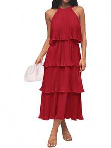 ZESICA Vestido Largo de Gasa para Mujer, 2023, sin Mangas, Cuello Halter, con Volantes, Escalonado, con Vuelo, de Verano - Morado - Ver 17