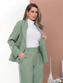 Women's Green Blazer And Pants Set With Lapels, Long Sleeves, Pockets, And Belt Detail, Perfect For The Office In Autumn Or For An Elegant Casual Look. - 淺綠色 - 查看 1