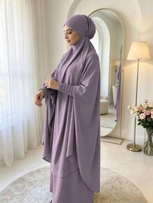 紋理縮褶彈性袖口 Khimar Abaya 兩件套，寬鬆大袖端莊 長洋裝，穆斯林女性休閒伊斯蘭禮拜服裝 - 彩色 - 查看 8