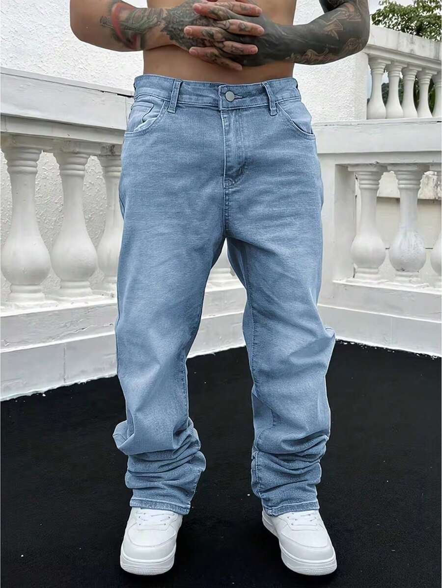 Jeans de moda vintage desgastados para hombres, ajuste holgado y cómodo, adecuados para el uso diario y actividades al aire libre - verde hierba - Ver 1