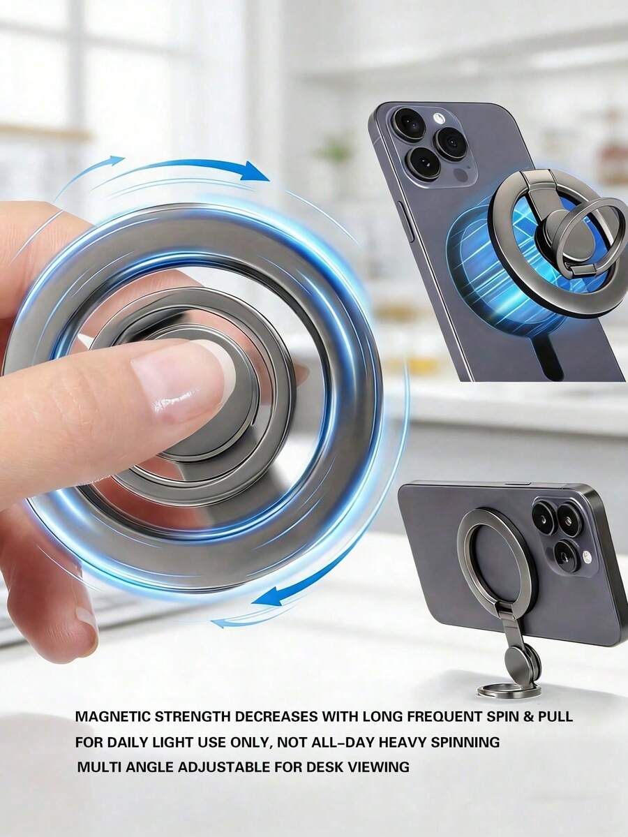 Magnetic Gyro Phone Ring Kickstand, 360° Rotatable Multi-Angle Desk Stand For MagSafe Phones, Magnet Fades Gradually With Frequent Heavy Use, For Light Daily Use Only