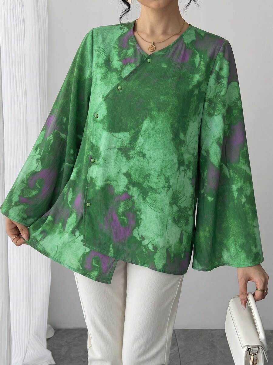 1 Stück Damen Bluse mit Batik-Muster, asymmetrischem Kragen, einreihiger Knopfleiste, asymmetrischem Saum und Glockenärmeln, eleganter chinesischer Stil, bequem und atmungsaktiv, perfekt für Strandurlaub, Arbeit, Alltag, Party, Bankett, Hochzeit und andere Anlässe - Grün - Übersicht 1