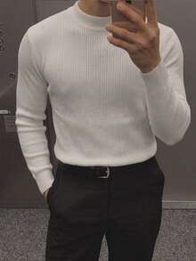 Men's Solid Color Semi-High Neck Textured Knit Sweater, Autumn/Winter Daily Commute Layering Inner Wear, Mature Style Pullover Vertical Ribbed Base Layer Top - White - View 3