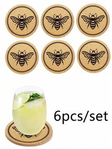 6/3/1pc Round Bee Print Cork Coasters, Heat-Resistant Wooden Beverage Cup Mats, Absorbent Non-Slip Coffee Tea Cup Insulation Pads, Vintage Farmhouse Style Home Kitchen Bar Decor, Housewarming Gift Home Supplies - Multicolor - View 8