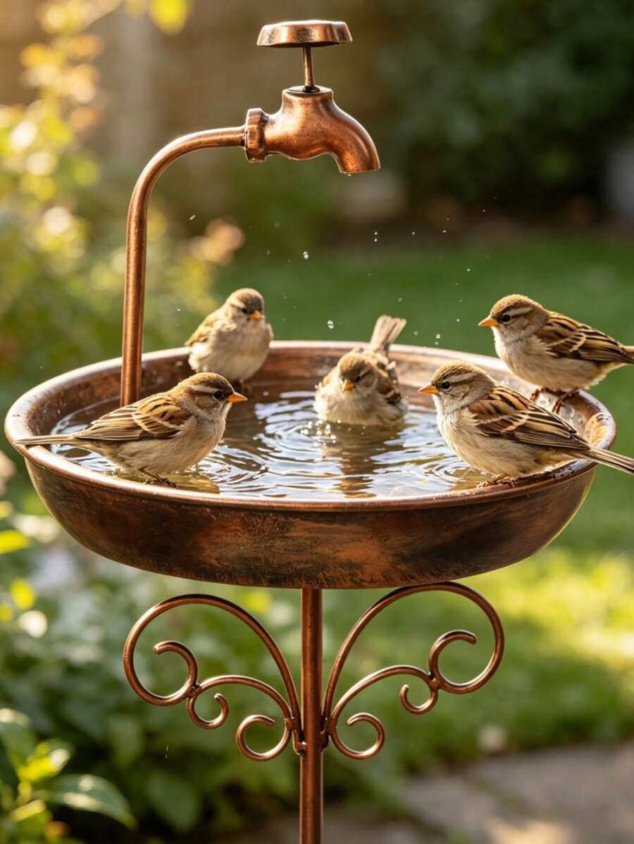 復古銅鐵鳥浴盆兼餵食器 2合1，防鏽花園裝飾，附防滑地面插樁