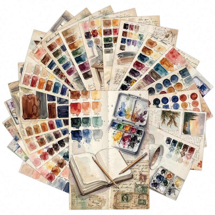 20Pcs Vintage Watercolor Artist Palette Sketch Postcards, Grunge Painter Brush Coffee Old Script Blank Decorative Note Cards, Junk Journal Ephemera Cards For Scrapbooking Stationery DIY Art Craft Gift Wall Decor Supplies