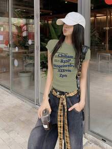 女款美式街頭風修身方肩短袖T恤，夏季顯瘦百搭豆沙綠上衣，休閒款 - 豆沙綠 - 查看 3