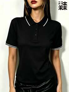 mulinsen 女款冰絲薄款運動翻領短袖 Polo T恤，透氣輕量跑步訓練上衣 - 黑色 - 查看 2