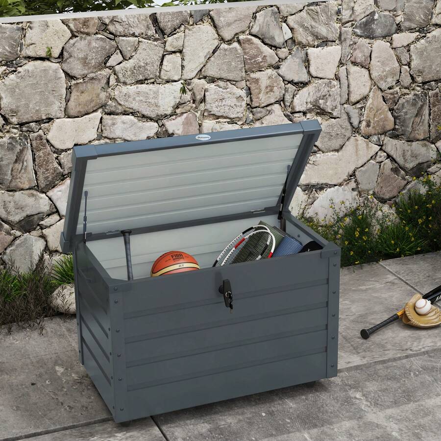 Garden Storage Box On Wheels With Lock And Handle, Ideal For Balcony And Terrace, 100 X 62 X 65 Cm, Dark Grey - A - 查看 1