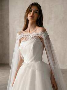 Off-Shoulder Lace Floral Rhinestone Chain Long Train Bridal Cape, Sheer Wedding Shawl - Multicolor - View 4