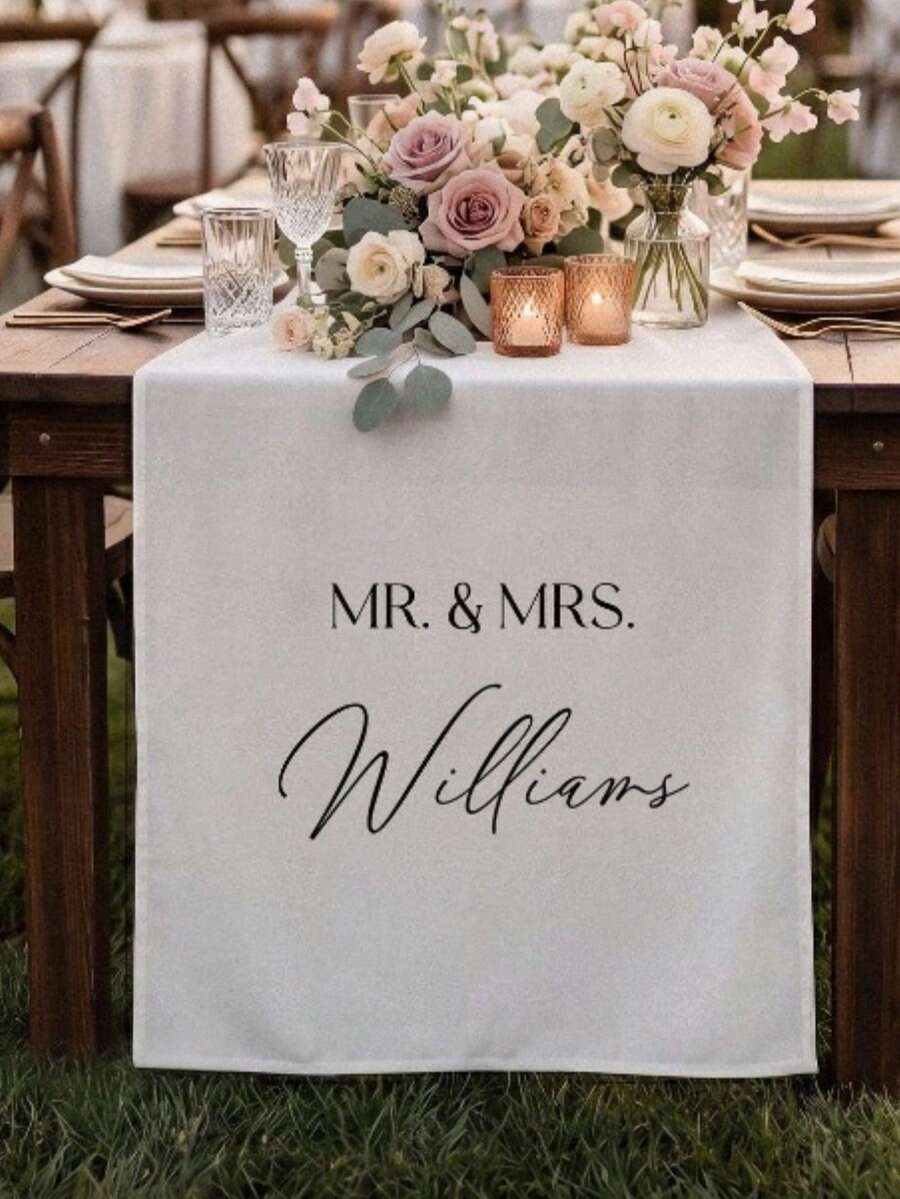 Customized Personalized Wedding Table Runner And Welcome Banner, Suitable For Weddings, Receptions, Ceremonies, Woven Fabric, Customizable Text, Rectangular Table Decor, Suitable For Outdoor Events, Name/Date/Phrase Decoration - Multicolor - View 1