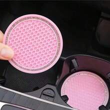 2pcs Car Accessories Silicone Rhinestone Round Fashion Cup Coasters, Car Cup Holder Insert Silicone Non-Slip Beverage Cup Coasters, Universal Vehicle Interior Accessories, Bling Crystal Rhinestone Car Silicone Interior Accessories - 2pc Multi-color Silver Chain Coasters - View 4