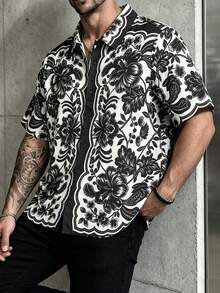 1pc Men's Textured Print Polo Shirt, Couple, Turn-Down Collar, Single-Breasted Short Sleeve Top, Handsome Versatile Casual Commute Top, Elegant Holiday Party Evening Wear, Perfect Gift For Father, Boyfriend, Dad, Friend - Black - View 7
