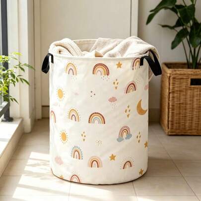 Rainbow Print Pattern Large Foldable Round Storage Basket, Multi-Functional Storage Basket, Suitable For Bathroom, Room, Laundry Basket, Dirty Clothes Hamper, Room Clutter Large Capacity Storage Box, Clothing Storage, Toy Clutter Storage, Multi-Functional Storage Box With Lid, Foldable Dirty Clothes Hamper, Storage Basket, Laundry Basket