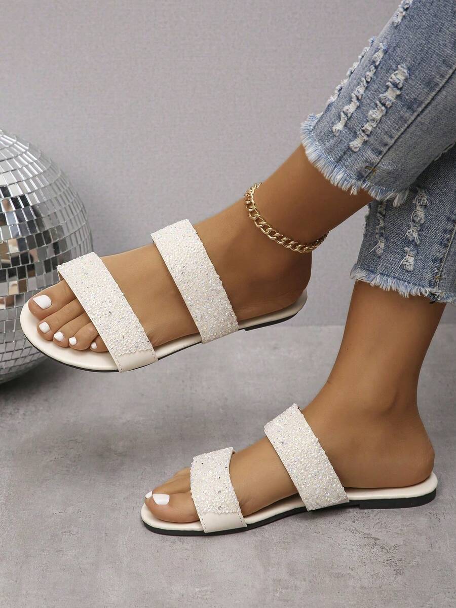 Summer Women's Two Strap Glitter Rhinestone Flat Slide Sandals, Beige White Sequin Open Toe Slouchy Casual Beach Party Versatile Slippers - Beige-white Diamond - View 1