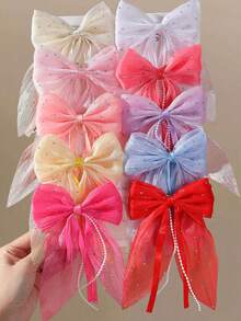 10 piezas de pinzas para el cabello de niña con lazo de gasa de malla colorida, perla, borla, cinta y cola de golondrina, accesorios para el cabello, pinzas para la cabeza, pinzas traseras, pinzas laterales, pinzas de cocodrilo para uso diario - Multicolor - Ver 1