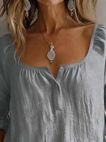 Plus Size Women's Solid Color Button Design Half-Open Front Shirt Comfortable Daily Wear - Grey - View 3