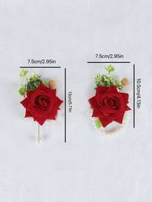 Wedding Groom & Bride Daily Wear Velvet Rose Artificial Rose Brooch Corsage Wrist Flower Set - Red - View 5