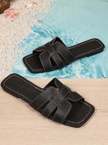 1雙黑色大尺碼H型帶拖鞋，純色柔軟PU縫製材質，方頭露趾套腳設計，經典極簡休閒度假平底沙灘涼鞋，適合日常穿著、沙灘、戶外，春夏新款 - 黑色 - 查看 6