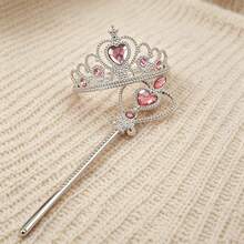 2pcs Pink Heart Rhinestone Crown And Snowflake Magic Wand Set, Princess Style Accessories - Pink - View 4