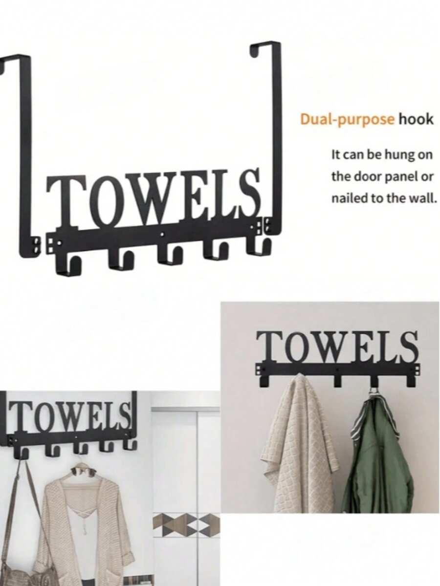 1 Over-The-Door Hook, Bathroom Towel Rack, Door-Mounted Towel Rack, Bedroom Kitchen Pool Towel Robe Wall-Mounted Hanger, Metal Sandblasted Finish - Black - View 1