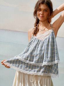 Top de tirantes tipo camisola para mujer, estilo vintage dulce y juvenil, casual para uso diario en verano, color azul claro a cuadros, con encaje y dobladillo doble capa - Celeste - Ver 1
