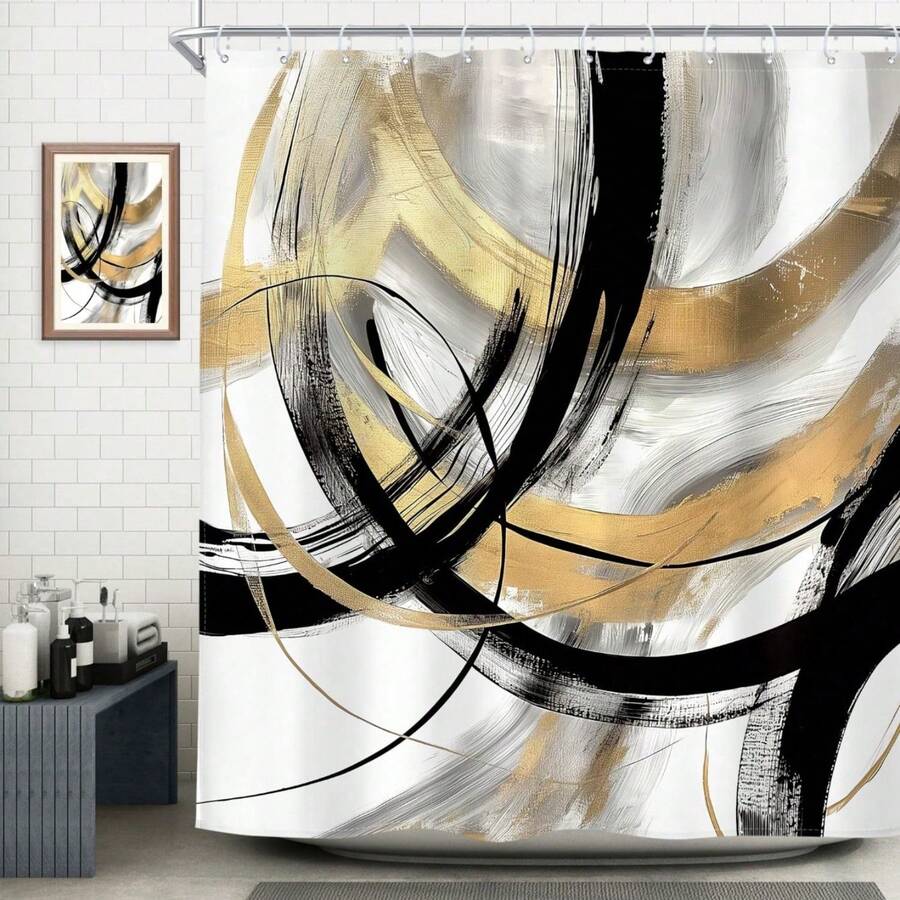 1Pcs Black White Abstract Shower Curtain Modern Graffiti Line Shower Curtain With 12 Hooks,Minimalist Bath Curtain For Bathroom Decor - J - View 1