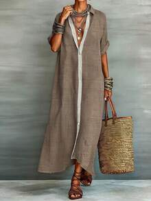 HUTENER Women's Loose Turndown Collar Short Sleeve Cardigan Dress, Asymmetrical Hem Casual Vacation Dress Summer Elegant - Brown - View 4