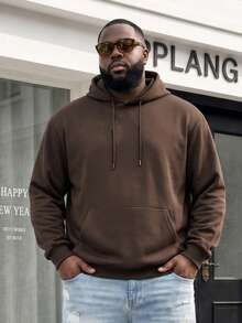 Plus Size Solid Color Hooded Sweatshirt, Loose Fit Kangaroo Pocket Drawstring Pullover, Casual Versatile Top - Coffee Brown - View 7