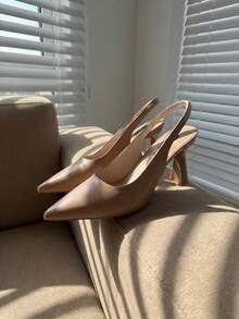 1 Pair 2026 Girl Hollow Side Cutout Pointed Toe Chunky Kitten Heel Elastic Back Strap Dress Sandals Office Party - Camel - View 4