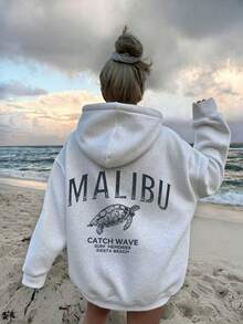 大尺碼女款字母 Malibu 海龜卡通圖案印花時尚薄款連帽長袖休閒運動衫 - 灰色 - 查看 2