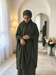 紋理縮褶彈性袖口 Khimar Abaya 兩件套，寬鬆大袖端莊 長洋裝，穆斯林女性休閒伊斯蘭禮拜服裝 - 彩色 - 查看 17