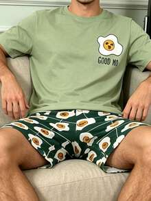 Men's Summer Pajama Set, Round Neck Simple Fried Egg Print Short Sleeve Top And Shorts Loungewear - Multicolor - View 3