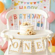 1pc 1st Birthday Chair Banner "One" Letter Banner, Background, 1st Birthday Ribbon Banner, Suitable For Boys And Girls, Fairy Tale Theme Baby Photo Prop Party Decoration, Gender Reveal Party Baby Shower Party Decoration - Multicolor - View 1