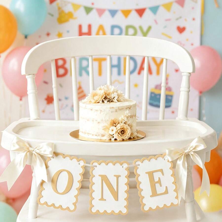 1pc 1st Birthday Chair Banner "One" Letter Banner, Background, 1st Birthday Ribbon Banner, Suitable For Boys And Girls, Fairy Tale Theme Baby Photo Prop Party Decoration, Gender Reveal Party Baby Shower Party Decoration - Multicolor - View 1