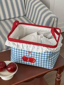1pc Blue Plaid Cherry Storage Basket With Lace Trim Embroidery, Handheld Large Capacity Multi-Functional Clothes & Sundries Organizer Basket, All Season - Multicolor - View 6