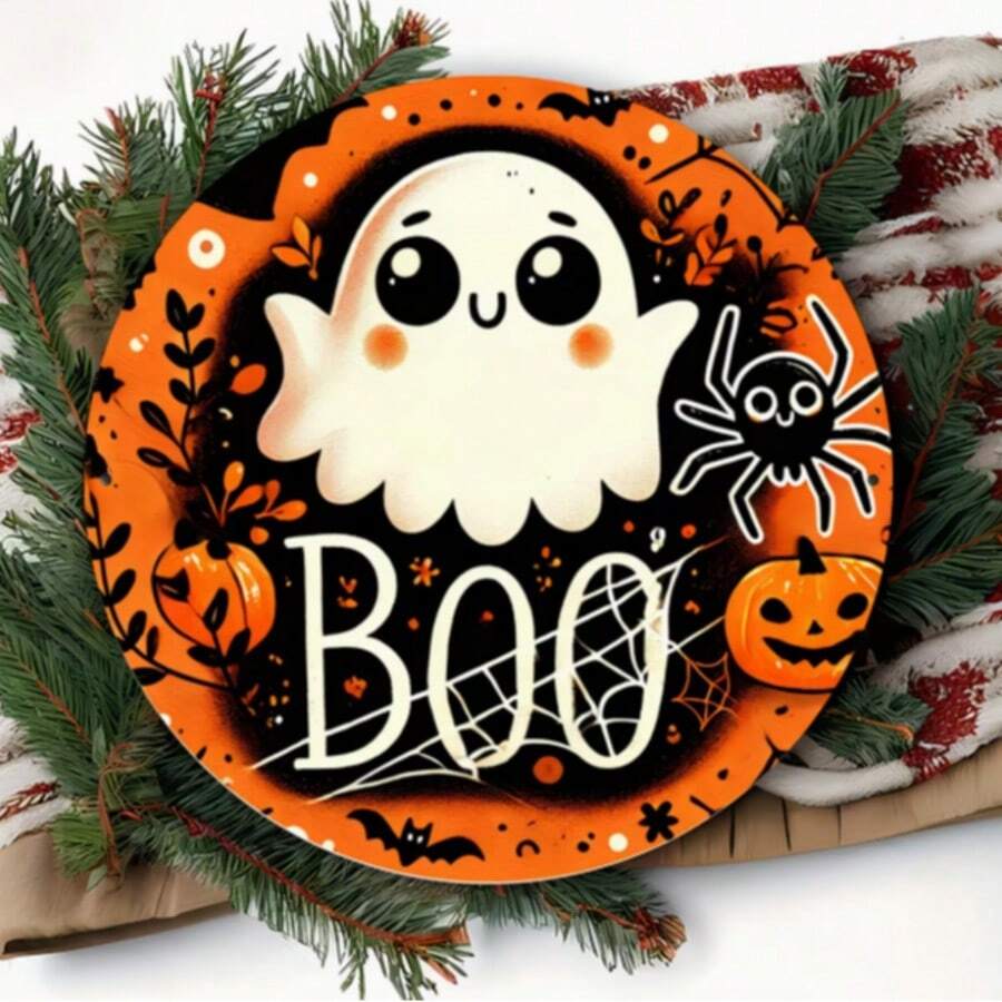 2D Flat Ghost Print Round Wooden Decorative Hanging Sign, Waterproof Durable Halloween Party Scene Decoration, Suitable For Wreath, Wall, Garden, Store, Multi-Holiday Decor