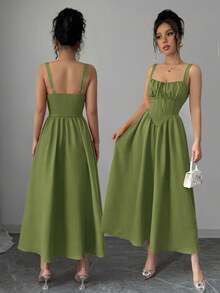 Women's Plain Red Maxi Dress For Summer 2025, Perfect For Valentine's Day Or Holidays, Featuring Ruffles At The Front, A Bow, An Asymmetrical Neckline, And A Slimmed Waist - 綠色 - 查看 1