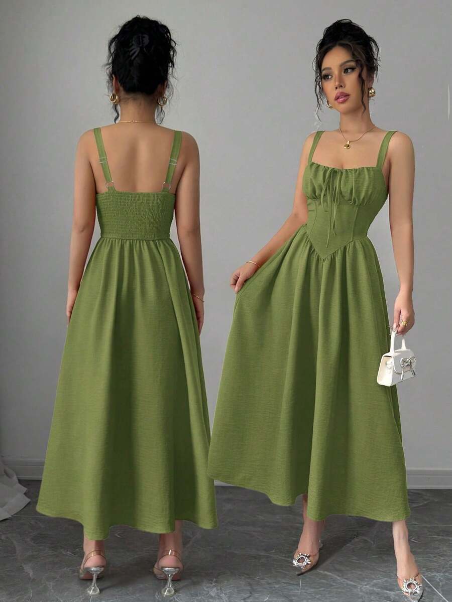 Women's Plain Red Maxi Dress For Summer 2025, Perfect For Valentine's Day Or Holidays, Featuring Ruffles At The Front, A Bow, An Asymmetrical Neckline, And A Slimmed Waist - 綠色 - 查看 1