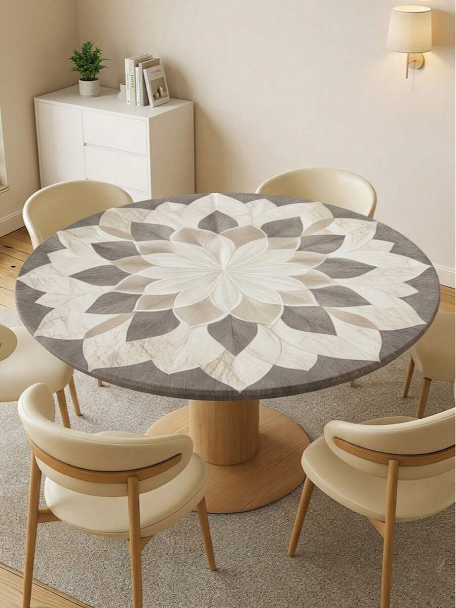 1pc Magic Art Round Tablecloth, White Lotus Mandala Pattern Design, With Elastic Edge, Polyester Fiber Tablecloth, Round Dining Table Decor Tablecloth, Suitable For Celebrations, Weddings, Outdoor Activities And Dining