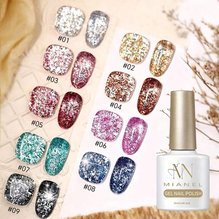 MISS MIANEL 10ML/Pc Suoer Flash Platinum Korean High Density Glitter Whitening Gel Nail Polish White Pink Gold Black Green Sparkling Glitter Nail Polish Manicure Supplies UV LED Light