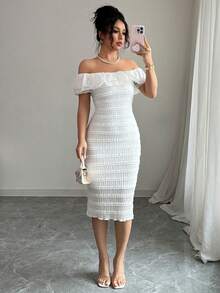 Vestido elegante ajustado con hombros descubiertos y ribete de volantes, blanco de verano - Blanco - Ver 1
